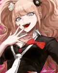  1girl :d bear_hair_ornament black_shirt blonde_hair bow breasts cleavage danganronpa:_trigger_happy_havoc danganronpa_(series) enoshima_junko fangs from_below grey_eyes hair_ornament hand_up highres large_breasts long_hair nail_polish necktie ratte_(cf) red_bow red_nails shirt shirt_bow smile solo teeth twintails upper_teeth_only white_necktie 