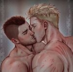  2boys absurdres bara bite_mark black_hair blonde_hair call_of_duty call_of_duty:_modern_warfare_2 closed_eyes cod_leech couple facial_hair ghost_(modern_warfare_2) highres kiss male_focus multiple_boys muscular muscular_male scar scar_on_face short_hair sidecut soap_(modern_warfare_2) twitter_username yaoi 