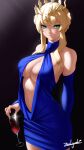  1girl aqua_eyes artoria_pendragon_(fate) artoria_pendragon_(lancer)_(fate) bare_shoulders blonde_hair braid breasts bridal_gauntlets center_opening cleavage collarbone crown cup drinking_glass fate/grand_order fate_(series) french_braid halterneck highres looking_at_viewer sidelocks signature solo wine_glass zealyush 