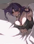 1girl bare_arms bare_shoulders bed bed_sheet black_camisole breasts camisole cleavage collarbone curtained_hair earrings jewelry large_breasts long_hair looking_at_viewer lying mamaloni mole mole_on_breast off_shoulder on_bed on_side original pillow purple_hair sleeveless solo spaghetti_strap strap_slip stud_earrings under_covers 