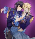  2boys ascot black_background black_hair blonde_hair blue_jacket earrings ensemble_stars! epaulettes hakaze_kaoru hug jacket jewelry long_sleeves medium_hair multicolored_background multiple_boys purple_background red_eyes reihyozha00 sakuma_rei_(ensemble_stars!) wavy_hair white_ascot yaoi yellow_eyes 