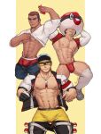  3boys abs absurdres artist_name ball_guy bara bare_pectorals black_gloves black_hair black_pants character_request closed_mouth clothes_lift clothes_pull gloves highres holding holding_phone jacket jewelry large_pectorals league_staff_(pokemon) male_focus male_underwear multiple_boys muscular muscular_male navel necklace nipples one_eye_closed open_clothes open_jacket pants pants_pull pectorals phone poke_ball pokemon pokemon_(game) pokemon_swsh red_male_underwear red_shirt rotom rotom_phone shirt shirt_behind_neck shirt_lift short_hair single_glove smile thick_thighs thighs underwear white_shirt whyhelbram yellow_male_underwear 