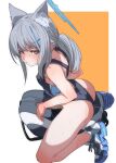  1girl animal_ear_fluff animal_ears ass bag blue_archive blue_eyes blue_halo blush breasts closed_mouth commentary_request competition_swimsuit cross_hair_ornament fu-ta grey_hair hair_ornament halo highres looking_at_viewer medium_hair official_alternate_costume one-piece_swimsuit orange_background shiroko_(blue_archive) shiroko_(swimsuit)_(blue_archive) shoes small_breasts sneakers solo swimsuit two-tone_background wet white_background white_footwear 