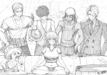  1girl 5boys absurdres antlers bandana couch fkscrashing greyscale hat heart highres indian_style looking_at_another meme monkey_d._luffy monochrome multiple_boys nami_(one_piece) one_piece one_piece_(live_action) panties piper_perri_surrounded_(meme) roronoa_zoro sanji_(one_piece) sitting sleeveless smile spoken_heart straw_hat striped striped_panties suit thong tony_tony_chopper underwear usopp 