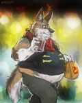  anthro aokamidu belly beverage canid canine canis clothed clothing coyote crossbones drinking drinking_straw eyebrows fur holding_beverage holding_object male mammal neckerchief outside overweight overweight_anthro overweight_male paper_bag raised_eyebrow solo tan_body tan_fur walking wcdonald&#039;s white_body white_fur 