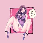  artist_name dress english_text final_fantasy final_fantasy_vii high_heels highres noodlenood panties panty_pull pubic_hair purple_dress pussy spread_legs spread_pussy tifa_lockhart tongue tongue_out underwear white_panties 