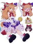  3girls absurdres black_footwear blonde_hair blue_ribbon blue_skirt blush_stickers bow brown_eyes brown_hair chain fang hair_bow hair_tubes hakurei_reimu highres horn_ornament horn_ribbon horns hoshiguma_yuugi ibuki_suika long_hair mugi_(mugimugi_9kv) multiple_girls multiple_views oni_horns open_mouth orange_eyes orange_hair print_skirt red_bow red_eyes red_horns revision ribbon shirt shoes sidelocks simple_background single_horn skirt smile socks torn_clothes torn_sleeves touhou white_background white_shirt white_socks wrist_cuffs 