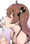  1girl bar_censor bare_shoulders brown_hair censored closed_eyes collarbone gradient_background h2o_(ddks2923) hetero hololive male_masturbation masturbation natsuiro_matsuri oral_inahoge penis precum side_ponytail simple_background solo_focus speech_bubble sweat tongue tongue_out virtual_youtuber 