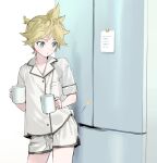  1boy aqua_eyes blonde_hair buttons commentary_request cowboy_shot cup drawstring holding holding_cup kagamine_len male_focus naoko_(naonocoto) pajamas paper refrigerator short_hair short_sleeves shorts solo star_(symbol) vocaloid white_background 