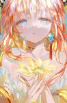  1girl bare_shoulders blue_eyes blue_gemstone collarbone commentary earrings flower forehead_jewel gem genshin_impact gold_choker hands_up jewelry long_hair looking_at_viewer nilou_(genshin_impact) orange_hair parted_lips pla4neta shirt single_earring solo upper_body white_shirt yellow_flower yellow_nails 