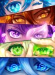  2boys 3girls absurdres anemo_symbol_(genshin_impact) artist_name blue_background blue_eyes braid brown_hair ceri_obt dendro_symbol_(genshin_impact) electro_symbol_(genshin_impact) english_commentary eye_focus eyelashes eyeshadow fingernails furina_(genshin_impact) genshin_impact geo_symbol_(genshin_impact) green_eyes green_hair hair_between_eyes hands_up heterochromia highres hydro_symbol_(genshin_impact) looking_at_viewer makeup mitsudomoe_(shape) multiple_boys multiple_girls nahida_(genshin_impact) nail_polish one_eye_closed orange_background orange_eyes petals purple_background purple_eyes purple_hair raiden_shogun red_eyeshadow short_hair simple_background tomoe_(symbol) twin_braids venti_(genshin_impact) white_nails zhongli_(genshin_impact) 