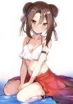  1girl alternate_hairstyle bikini breasts brown_eyes brown_hair buttons cleavage double-breasted highres kantai_collection long_hair red_sarong sarong sidelocks simple_background sitting small_breasts solo swimsuit wariza white_background white_bikini zarashi zuihou_(kancolle) 