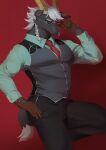  2021 5_fingers ama_imakuma anthro black_body black_fur bottomwear bovid braided_hair caprine clothing costume eyewear fingers fur glasses gloves goat hair handwear hi_res horn lifewonders male mammal muscular muscular_anthro muscular_male necktie pants red_background shirt simple_background solo suit tanngrisnir_(tas) tokyo_afterschool_summoners topwear vest white_hair 