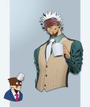  2boys ace_attorney beard blue_jacket coffee coffee_mug collared_shirt cup earrings facial_hair godot_(ace_attorney) green_shirt head-mounted_display holding holding_cup jacket jewelry long_sleeves male_focus mask miya_hellride mug multiple_boys necktie open_mouth phoenix_wright phoenix_wright:_ace_attorney_-_trials_and_tribulations pinstripe_pattern pinstripe_vest shirt short_hair smile spiked_hair striped upper_body vest wet white_hair white_necktie white_shirt 