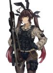  1girl american_flag animal_ears battle_rifle black_gloves black_pantyhose blue_corset brown_hair chest_rig corset fake_animal_ears girls&#039;_frontline gloves gun hair_ornament highres jacket looking_at_viewer m14 m14_(girls&#039;_frontline) mutugorou_u orange_eyes pantyhose playboy_bunny rifle scope smile tactical_playboy_bunny twintails weapon white_background yellow_jacket 