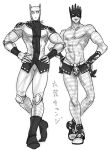  2boys animal_ears boots cat_ears collar cosplay costume_switch crown diamond_wa_kudakenai greyscale hands_on_own_hips jojo_no_kimyou_na_bouken killer_queen merumeru626 miniskirt monochrome multiple_boys muscular muscular_male sandals skirt slit_pupils spiked_collar spikes stand_(jojo) stone_ocean striped whitesnake_(stand) 