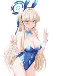 1girl animal_ears bare_shoulders blonde_hair blue_archive blue_bow blue_bowtie blue_halo blue_leotard bow bowtie breasts cleavage covered_navel detached_collar double_v fake_animal_ears fake_tail halo headset highres large_breasts leotard long_hair looking_at_viewer official_alternate_costume playboy_bunny rabbit_ears rabbit_tail shira_hon simple_background solo tail thighs toki_(blue_archive) toki_(bunny)_(blue_archive) v white_background 