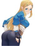  1girl ass blonde_hair blue_eyes braid breasts closed_mouth commentary_request fingerless_gloves from_behind gloves hair_ornament hairclip highres kobaji long_hair looking_at_viewer medium_breasts pants pointy_ears princess_zelda sidelocks smile solo the_legend_of_zelda the_legend_of_zelda:_breath_of_the_wild 