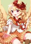  1girl animal animal_on_head bird bird_on_head bird_tail bird_wings blonde_hair blush boots brown_footwear chick dress feathered_wings highres knee_boots looking_at_viewer multicolored_hair niwatari_kutaka on_head open_mouth orange_dress red_eyes red_hair ruu_(tksymkw) shirt short_hair short_sleeves smile solo tail touhou two-tone_hair white_shirt wings yellow_wings 