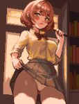  1girl ai-assisted blush breasts brown_hair clothes_lift earrings green_eyes jewelry large_breasts looking_at_viewer panties pantyshot penny_(stardew_valley) shirt short_hair skirt skirt_lift smile solo stardew_valley thisislux underwear 