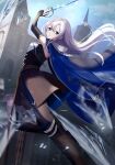  1girl absurdres black_gloves blue_eyes bridal_gauntlets cloak commentary_request elbow_gloves fantasy gloves hair_between_eyes highres long_hair looking_at_viewer original outdoors rapier sidelocks solo sword tokiwa_shirube weapon white_hair 