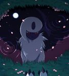  absol claws commentary grass looking_down night no_humans outdoors petals pokemon pokemon_(creature) puddle reflection ripples solo yooguru_(pixiv40318755) 