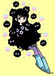  1girl aqua_footwear black_hair black_sweater blending blush_stickers bright_pupils closed_mouth commentary_request creature dot_nose dress floral_print flower_(symbol) full_body garouma gradient_legwear highres invisible_chair long_hair looking_at_viewer original pantyhose pink_eyes pink_pantyhose plantar_flexion print_sweater purple_pantyhose shoes signature sitting sleeves_past_wrists smile solo sweater sweater_dress two-tone_pantyhose very_long_hair wavy_hair white_pupils yellow_background 