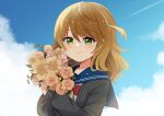  1girl alternate_costume amicia_michella black_cardigan blue_sailor_collar blue_sky blush bouquet bow brown_hair cardigan closed_mouth cloud crossed_arms day flower green_eyes highres holding holding_bouquet kyuzuki89 looking_at_viewer nijisanji nijisanji_id orange_flower parted_bangs red_bow sailor_collar sky smile solo upper_body virtual_youtuber 