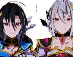  1boy 1girl asymmetrical_bangs asymmetrical_clothes black_hair breasts cleavage cleavage_cutout clothing_cutout collared_shirt color_contrast dragonstone fire_emblem fire_emblem_engage fur_trim gloves hair_between_eyes jewelry large_breasts long_sleeves looking_at_viewer mugimugis necklace nel_(fire_emblem) nil_(fire_emblem) parted_bangs red_eyes shirt short_hair sidelocks simple_background smile white_hair 