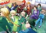  2girls 6+boys aether_(genshin_impact) alternate_costume barbara_(genshin_impact) black_hair blonde_hair blue_eyes blue_hair blue_jacket blue_pants blue_shirt braid brown_hair dark-skinned_male dark_skin diluc_(genshin_impact) earrings eyepatch genshin_impact green_hair green_jacket hiki_yuichi jacket jewelry juice_box kaedehara_kazuha kaeya_(genshin_impact) lumine_(genshin_impact) multicolored_hair multiple_boys multiple_girls one_eye_closed open_mouth orange_hair orange_shirt pants purple_jacket purple_pants red_eyes red_hair red_jacket red_pants shirt shoes short_hair tartaglia_(genshin_impact) track_jacket twin_braids venti_(genshin_impact) white_hair white_shirt xiao_(genshin_impact) yellow_eyes zhongli_(genshin_impact) 