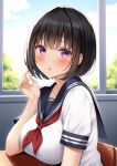  1girl black_hair blue_sailor_collar blunt_bangs blurry blurry_background blush breast_rest breasts chair classroom commentary_request day desk hand_up indoors karutamo large_breasts looking_at_viewer looking_to_the_side neckerchief on_chair original paid_reward_available purple_eyes red_neckerchief sailor_collar school_chair school_desk school_uniform serafuku shirt short_hair short_sleeves sitting solo table upper_body white_shirt 