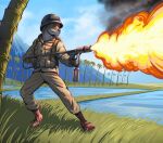  anthro armor army clothing fire flamethrower headgear helmet hi_res historical history humanoid infantry male mammal military mustelid otter palms ranged_weapon solo thepimpartist tropical uniform united_states_of_america weapon world_war_2 