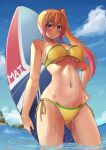  1girl ass_visible_through_thighs bandeau bikini blonde_hair breasts character_name cloud commentary_request cowboy_shot hair_between_eyes hair_ornament hand_on_own_hip highres holding holding_surfboard kawakami_mai large_breasts looking_at_viewer mole mole_on_thigh mole_under_eye musaigen_no_phantom_world navel o-ring o-ring_top ocean pink_hair purple_eyes rixch side-tie_bikini_bottom side_ponytail sky smile solo summer surfboard swimsuit underboob wading wet yellow_bikini 