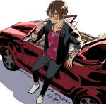  1boy brown_hair car commentary glasses highres male_focus motor_vehicle serizawa_tomoya short_hair smoke suzume_no_tojimari 