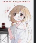  1girl black_eyes blonde_hair blush earphones futaba_anzu gauze gauze_on_cheek highres idolmaster idolmaster_cinderella_girls long_hair looking_at_viewer low_twintails off_shoulder open_mouth reitoubeef shirt single_bare_shoulder sketch solo t-shirt twintails upper_body white_shirt 