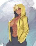  1girl abs black_pants blonde_hair breasts dark_skin hands_in_pockets highres hood hooded_jacket jacket large_breasts muscular navel open_clothes open_jacket original pants ranma_(kamenrideroz) red_eyes short_hair sketch tomboy yellow_jacket 