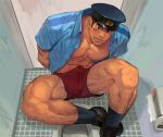  1boy bara bare_pectorals black_footwear black_socks blue_shirt bulge collared_shirt dainyuu_(dgls) erection erection_under_clothes hat large_pectorals leg_hair male_focus male_underwear muscular muscular_male open_clothes open_shirt original pectorals police police_hat police_uniform policeman red_male_underwear shirt socks solo thick_thighs thighs underwear uniform 