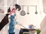  1boy 1girl aqua_eyes armlet bare_shoulders black_hair blue_shirt breasts circe_(fate) circlet closed_eyes collared_shirt cooking cooking_pot fate/grand_order fate_(series) feathered_wings fujimaru_ritsuka_(male) head_wings highres jar long_sleeves obazzotto open_mouth pink_hair pointy_ears shirt short_hair sidelocks skirt sleeveless sleeveless_shirt small_breasts smile sparkle stove thighs tomato white_shirt white_skirt wings wooden_spoon 