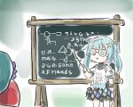  1girl @_@ akademiya_uniform aqua_hair chalkboard chibi commentary dress faruzan_(genshin_impact) genshin_impact glasses lecturing standing symbol-only_commentary twig twintails xinzoruo 