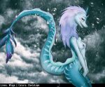  2_horns anthro aquatic_dragon blue_body blue_fur breasts claws cloud disney dragon eastern_dragon eyebrows feet female fur hi_res horn looking_at_viewer marine nipples nude owlalope pose raining raya_and_the_last_dragon sisu_(ratld) solo storm tail w4g4 water 