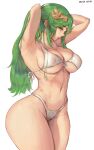  1girl armpits arms_behind_head arms_up ass beta_hime bikini blush breasts cowboy_shot front-tie_bikini_top front-tie_top green_eyes green_hair highleg highres kid_icarus kid_icarus_uprising large_breasts long_hair looking_at_viewer navel palutena ponytail solo swimsuit thick_thighs thighs tiara very_long_hair white_background 