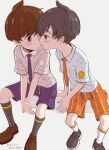  2boys asu_(as_dayo) between_legs black_eyes black_footwear black_hair black_socks blush breast_pocket brown_eyes brown_footwear brown_hair collared_shirt florian_(pokemon) hand_between_legs highres imminent_kiss kneehighs leaning male_focus multiple_boys naranja_academy_(emblem) naranja_academy_school_uniform necktie orange_necktie orange_shorts pocket pokemon purple_necktie purple_shorts school_uniform selfcest shirt short_hair shorts sitting socks striped striped_shorts sweatdrop uva_academy_(emblem) uva_academy_school_uniform vertical-striped_shorts vertical_stripes white_socks yaoi 