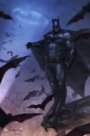  1boy absurdres animal_ears bat_(animal) batman batman_(series) belt black_bodysuit black_cape black_gloves bodysuit cape cityscape dc_comics fake_animal_ears gargoyle gloves grey_sky highres jee-hyung_lee looking_at_viewer mask night outdoors standing 