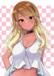  1girl absurdres bare_shoulders black_eyes blonde_hair blush breasts brown_hair checkered_background chiji_komari choker cleavage closed_mouth collarbone cropped_shirt dark-skinned_female dark_skin earrings gradient_hair gyaru highres idolmaster idolmaster_shiny_colors izumi_mei jewelry large_breasts long_hair looking_at_viewer midriff multicolored_hair navel pink_background smile solo tank_top white_tank_top 