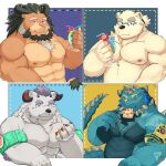  absurd_res anthro arsalan bear beard behemoth_(housamo) belly body_hair chest_hair cipactli_(tas) dragon facial_hair felid food group hi_res horn leib_(tas) lifewonders lion male mammal mature_male monster musclegut muscular muscular_anthro muscular_male nipples pantherine pecs pizza polar_bear ruoain shirtless tokyo_afterschool_summoners ursine 