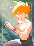  1boy blue_oak blurry blurry_background commentary_request day framed glint jewelry light_rays male_focus natonashi necklace open_mouth orange_hair outdoors pants pokemon pokemon_(game) pokemon_frlg purple_wristband short_hair solo spiked_hair sweat topless_male yellow_eyes 