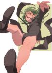  1girl black_dress black_footwear breasts dress fu-ta green_background green_eyes green_hair highres legs long_sleeves looking_at_viewer one-punch_man pelvic_curtain shoes short_hair small_breasts solo tatsumaki thighs two-tone_background white_background 