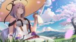  1girl alcohol armor bare_shoulders blush cherry_blossoms closed_mouth clothing_cutout cloud goddess_of_victory:_nikke grass grey_hair hair_between_eyes hat holding japanese_armor large_hat leotard long_hair looking_at_viewer mountainous_horizon on_grass scarlet_(nikke) sky solo songjo white_leotard yellow_eyes 