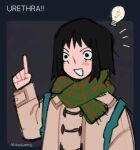  1girl artist_name black_eyes black_hair blush brown_coat coat commentary english_commentary english_text green_scarf index_finger_raised kaogens kurata_tome light_bulb long_sleeves looking_at_viewer mob_psycho_100 open_mouth scarf short_hair smile solo tweet twitter upper_body 