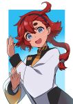  1girl :d ahoge asticassia_school_uniform black_hairband blue_eyes border breasts commentary_request ekra gundam gundam_suisei_no_majo hair_between_eyes hairband highres jacket long_hair long_sleeves looking_at_viewer low_ponytail open_mouth red_hair school_uniform smile suletta_mercury thick_eyebrows white_border 